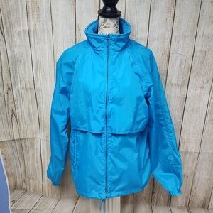Eddie Bauer Hidden Hood Nylon Medium Blue Windbreaker Jacket! Outdoor Outfitter